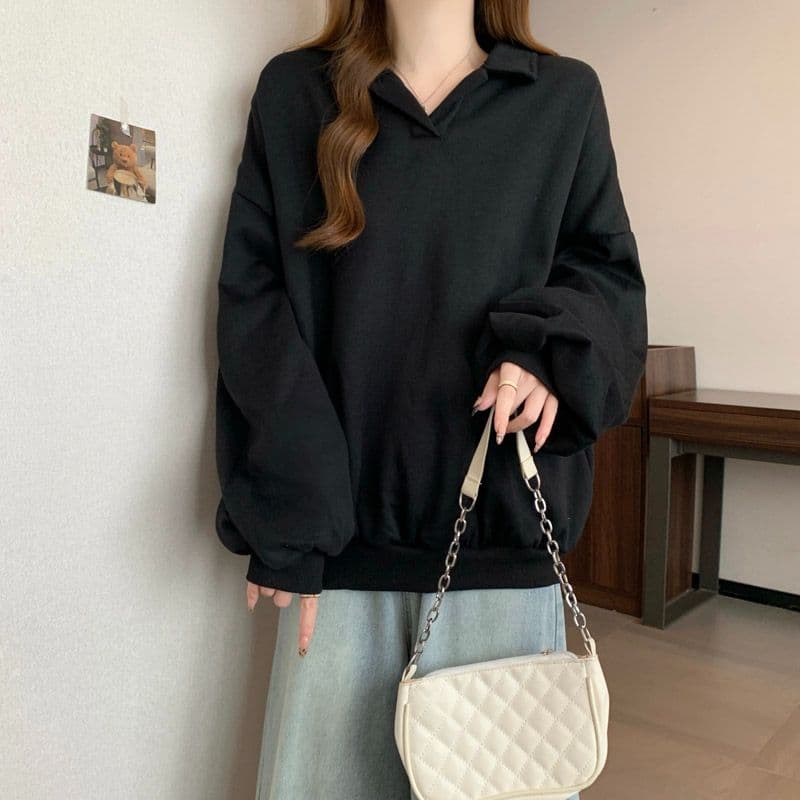 후아 면 chic 가을 겨울 작은 대중 느긋한 바람 POLO 칼라 루즈핏 캐주얼 다용도 벌룬 소매 풀오버 스웨트셔츠 여성 상세 이미지 18