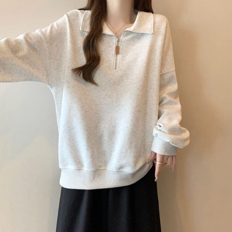 후아 면 학원 스타일 얇은 스타일 POLO 칼라 후드티 여성 봄 가을 한국 스타일 다용도 루즈핏 폴로 칼라 풀오버 맨위 이미지 4
