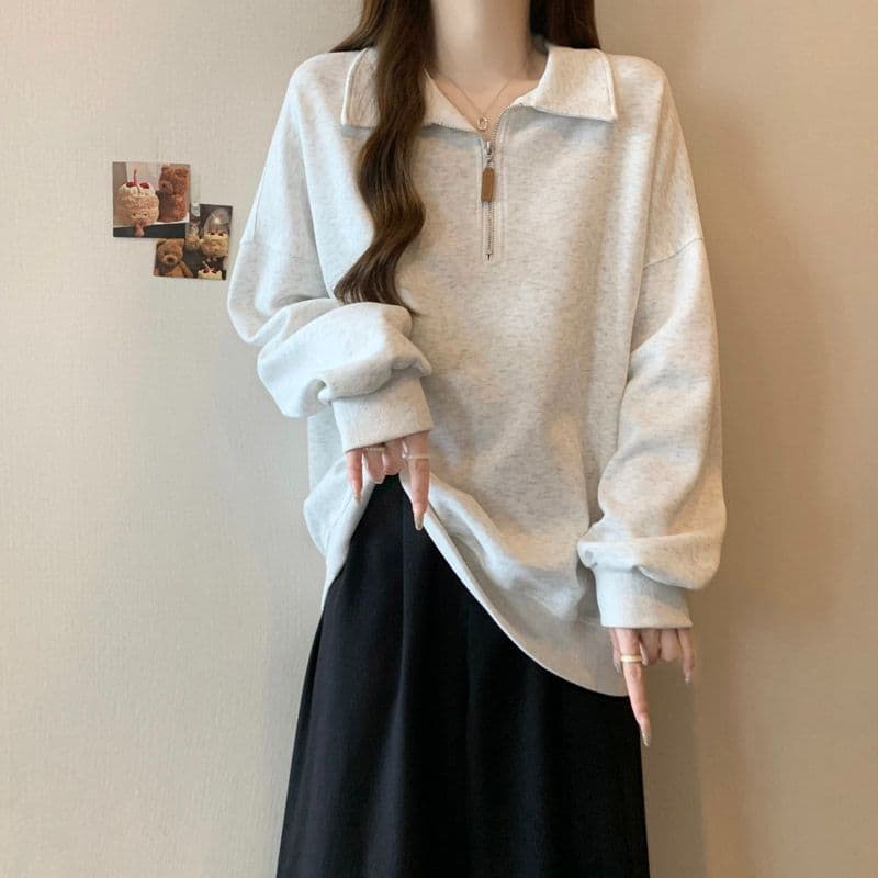 후아 면 학원 스타일 얇은 스타일 POLO 칼라 후드티 여성 봄 가을 한국 스타일 다용도 루즈핏 폴로 칼라 풀오버 맨위 상세 이미지 3