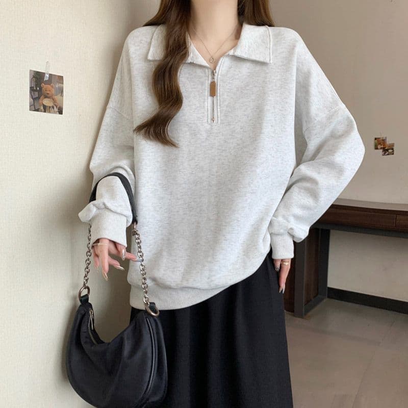 후아 면 학원 스타일 얇은 스타일 POLO 칼라 후드티 여성 봄 가을 한국 스타일 다용도 루즈핏 폴로 칼라 풀오버 맨위 상세 이미지 7