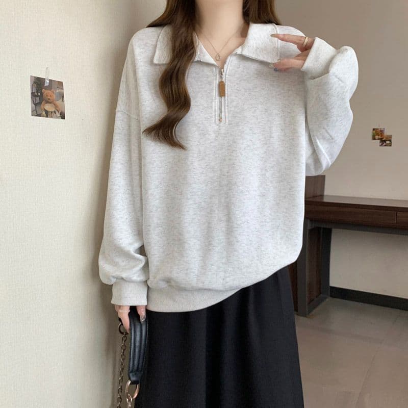 후아 면 학원 스타일 얇은 스타일 POLO 칼라 후드티 여성 봄 가을 한국 스타일 다용도 루즈핏 폴로 칼라 풀오버 맨위 상세 이미지 9