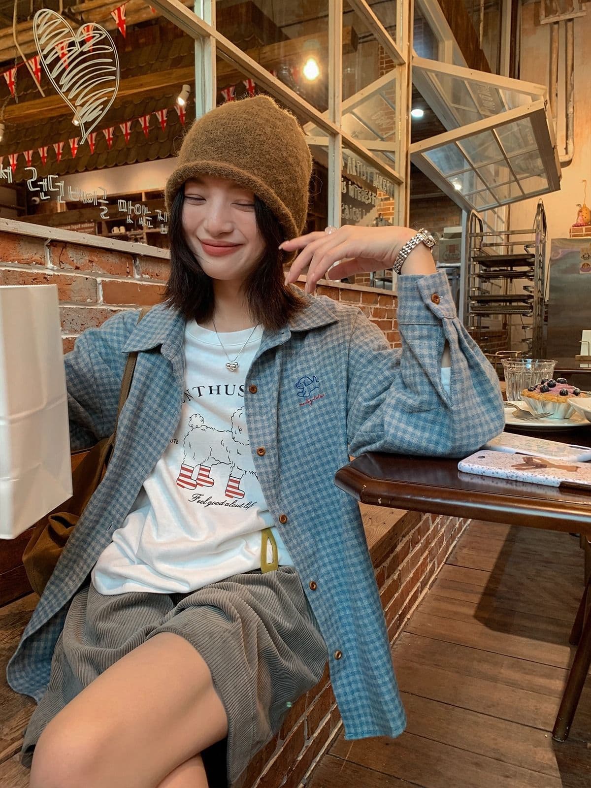 21 순면 210 그램 100 면 가을 의상 긴팔 티셔츠 여성 루즈핏 맨위 프린트 이미지 3
