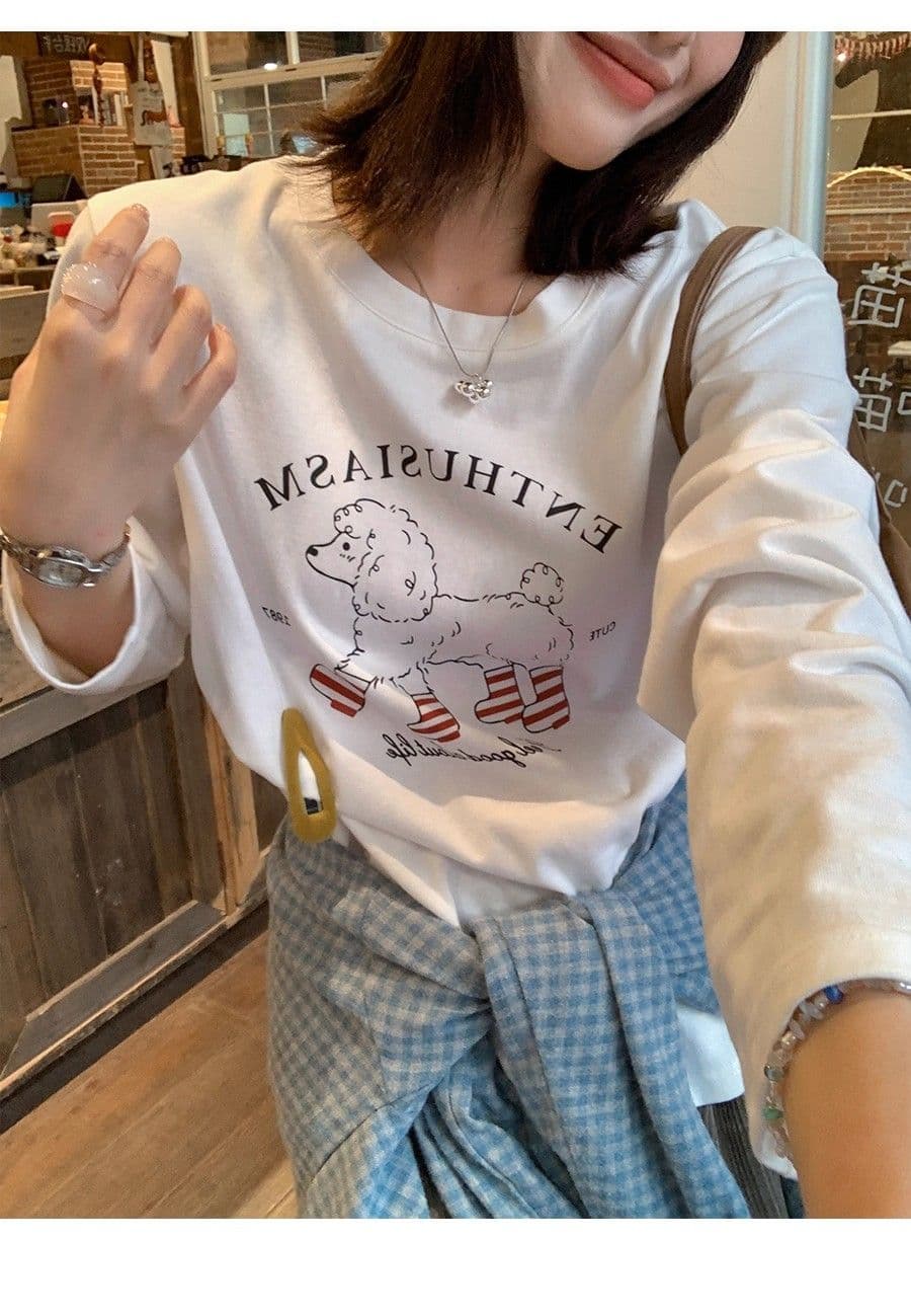 21 순면 210 그램 100 면 가을 의상 긴팔 티셔츠 여성 루즈핏 맨위 프린트 이미지 4