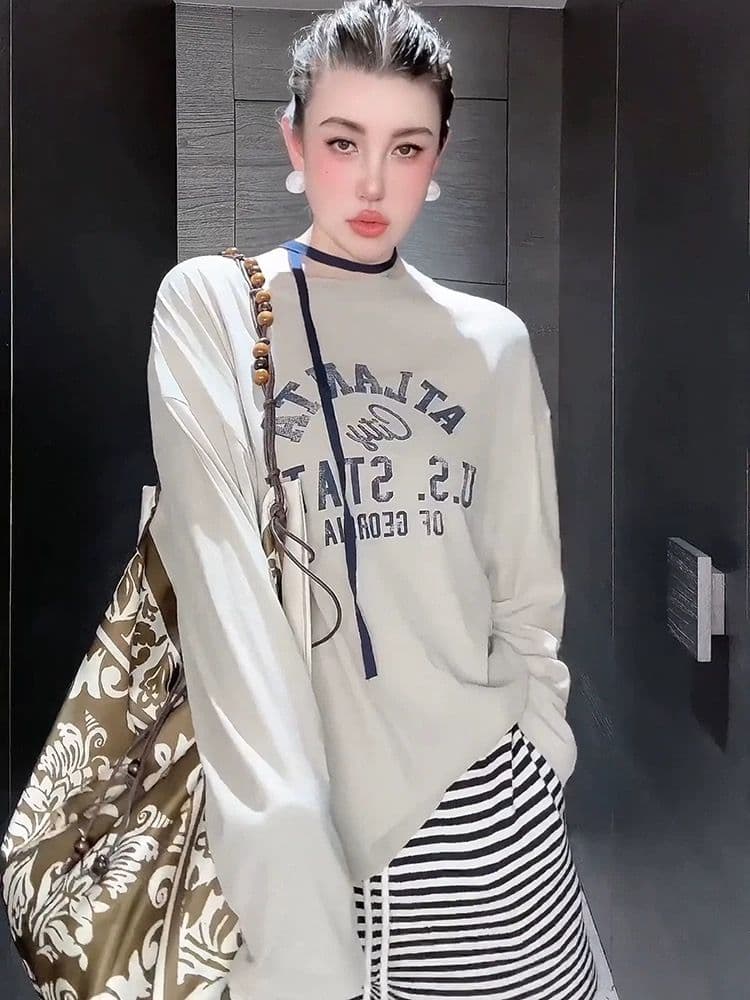 21 순면 210 그램 100 면 가을 의상 긴팔 티셔츠 여성 루즈핏 맨위 프린트