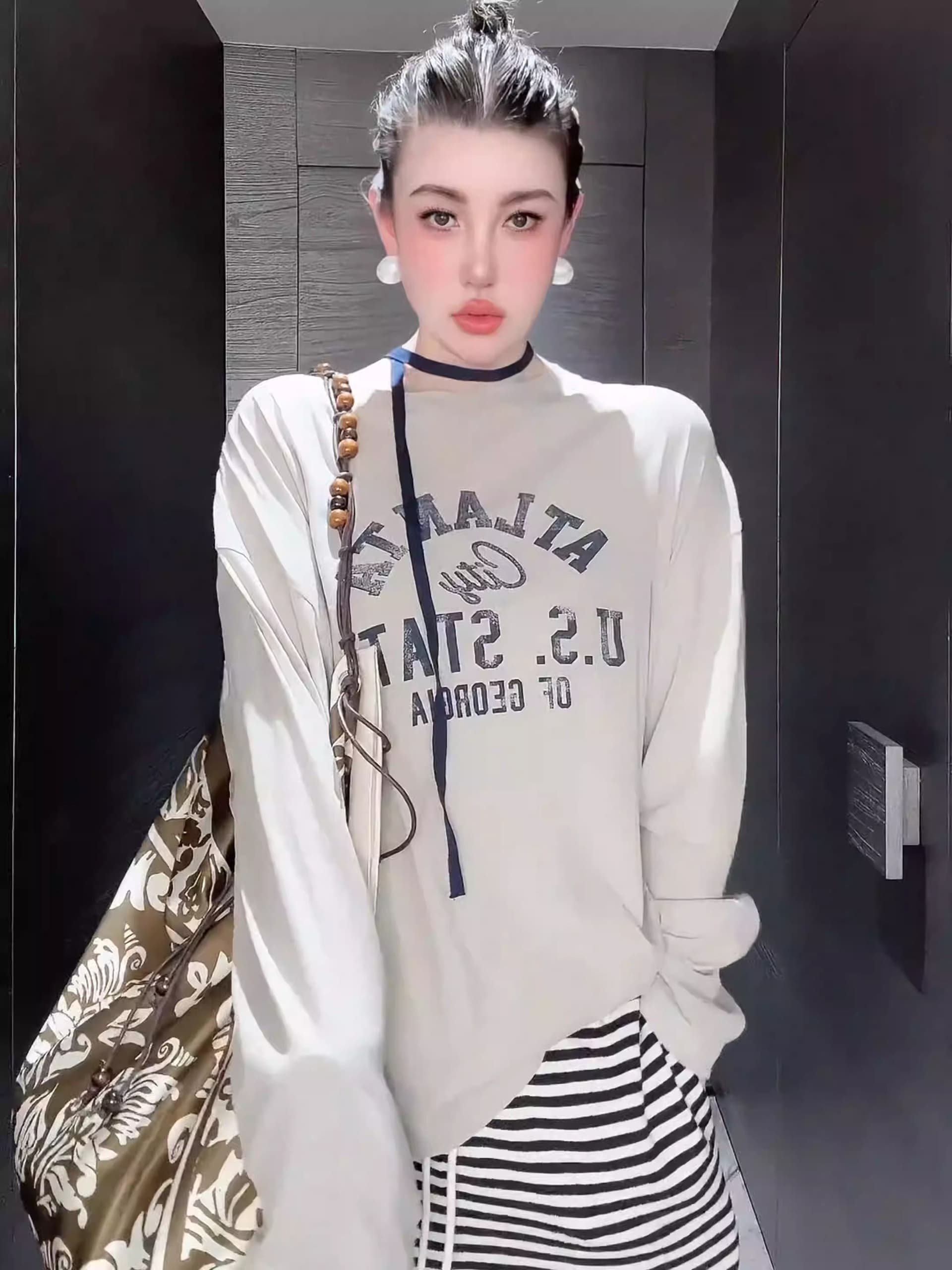21 순면 210 그램 100 면 가을 의상 긴팔 티셔츠 여성 루즈핏 맨위 프린트 이미지 2