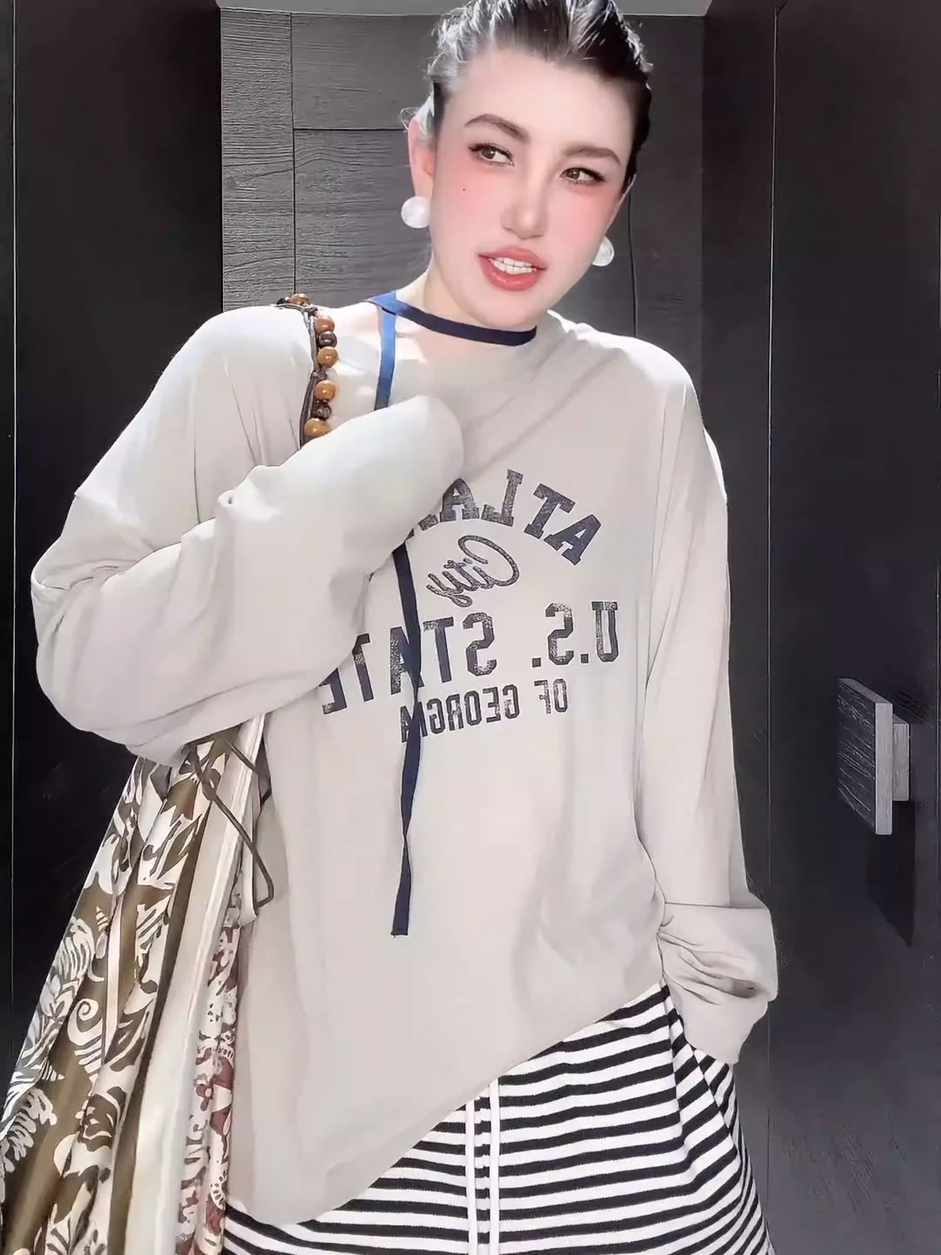 21 순면 210 그램 100 면 가을 의상 긴팔 티셔츠 여성 루즈핏 맨위 프린트 상세 이미지 6