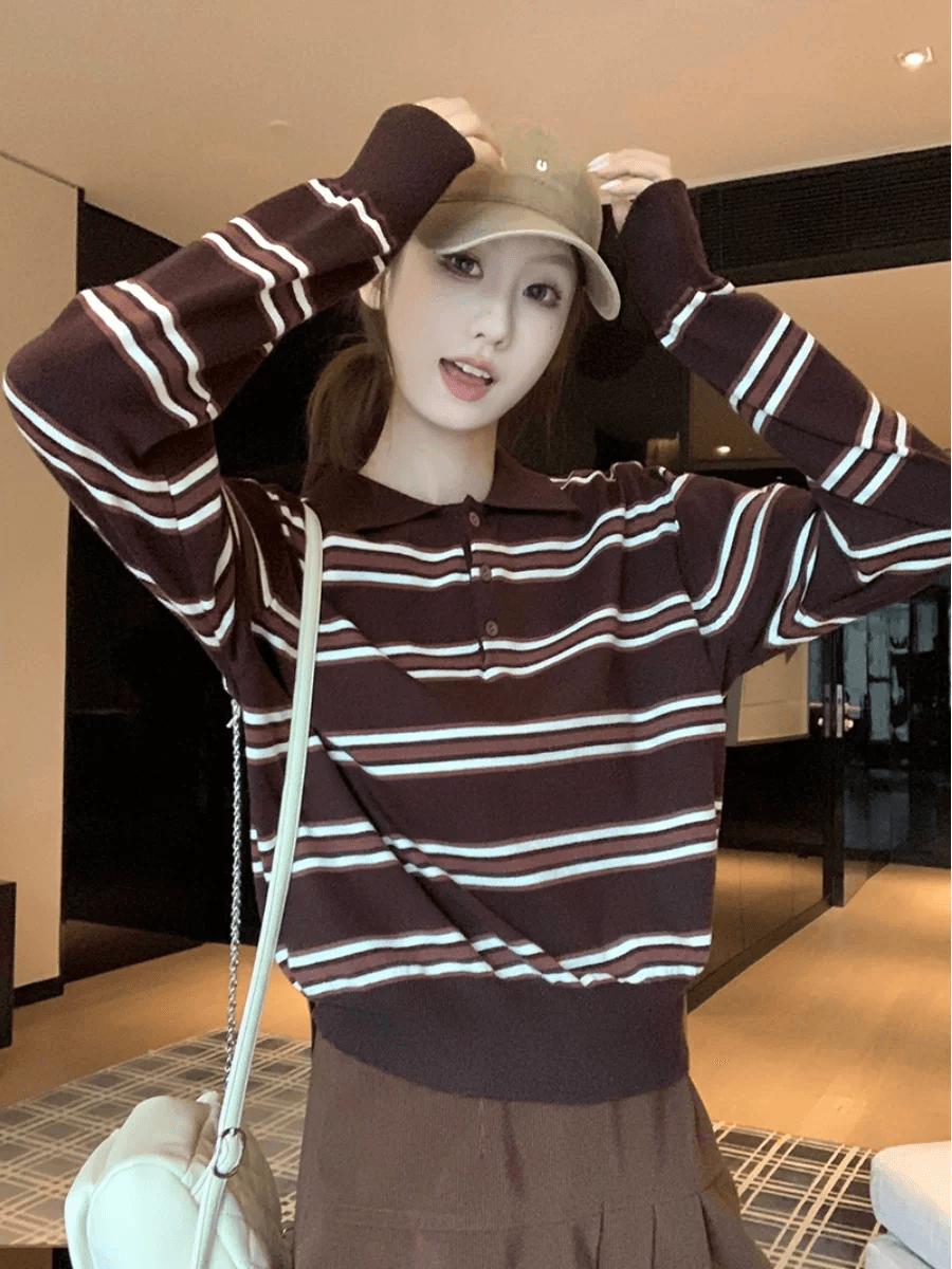 프랑스식 이른 가을 레트로 스트라이프 연령 감소 POLO 칼라 긴팔 니트 스웨터 느긋한 느슨함 센스 예쁜 스웨터 여성 셔츠 상세 이미지 2