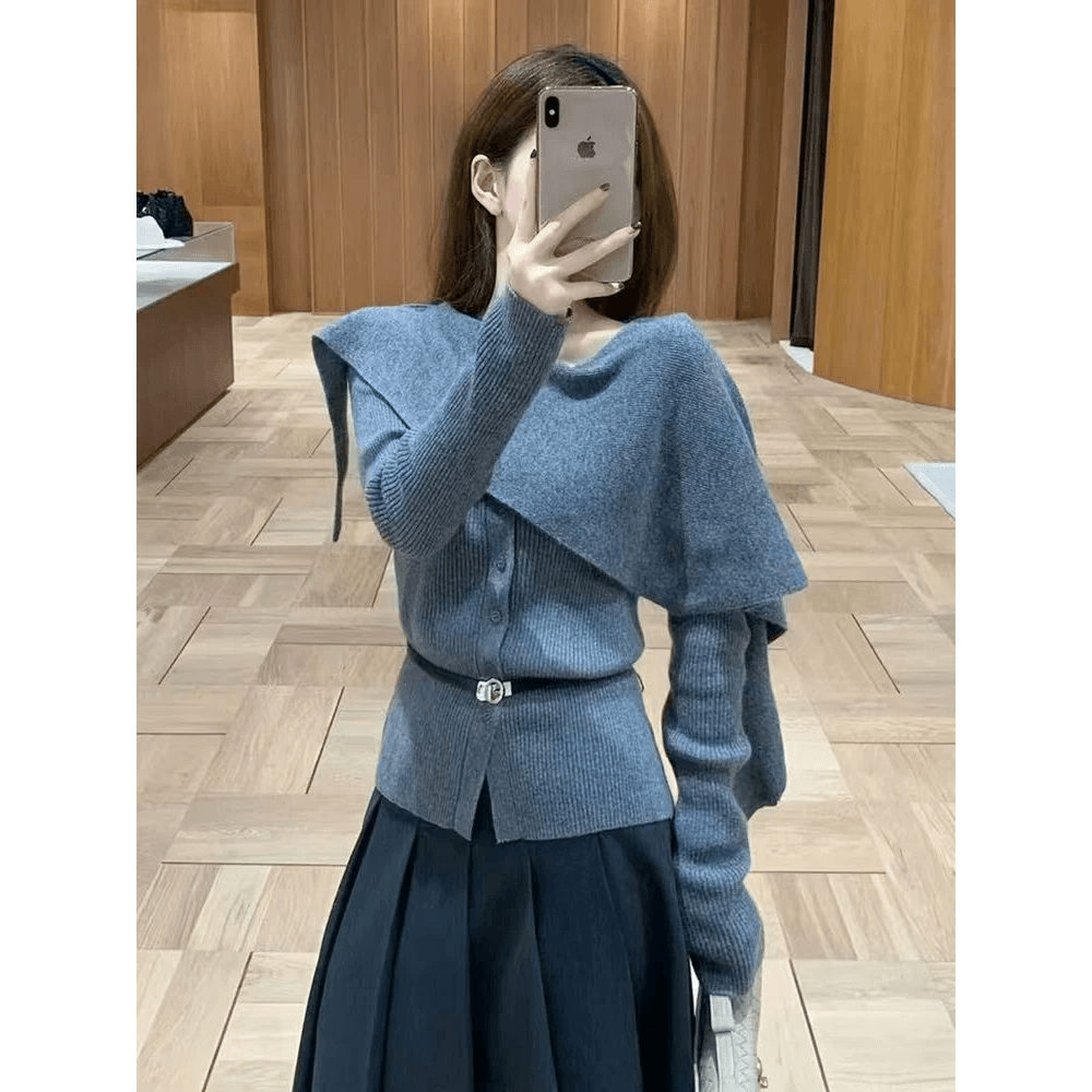 있음 선적 가을 겨울 페이크 레이어드 한국 스타일 디자인 센스 불규칙 숄 망토 양모 니트 스웨터 여성 이미지 2
