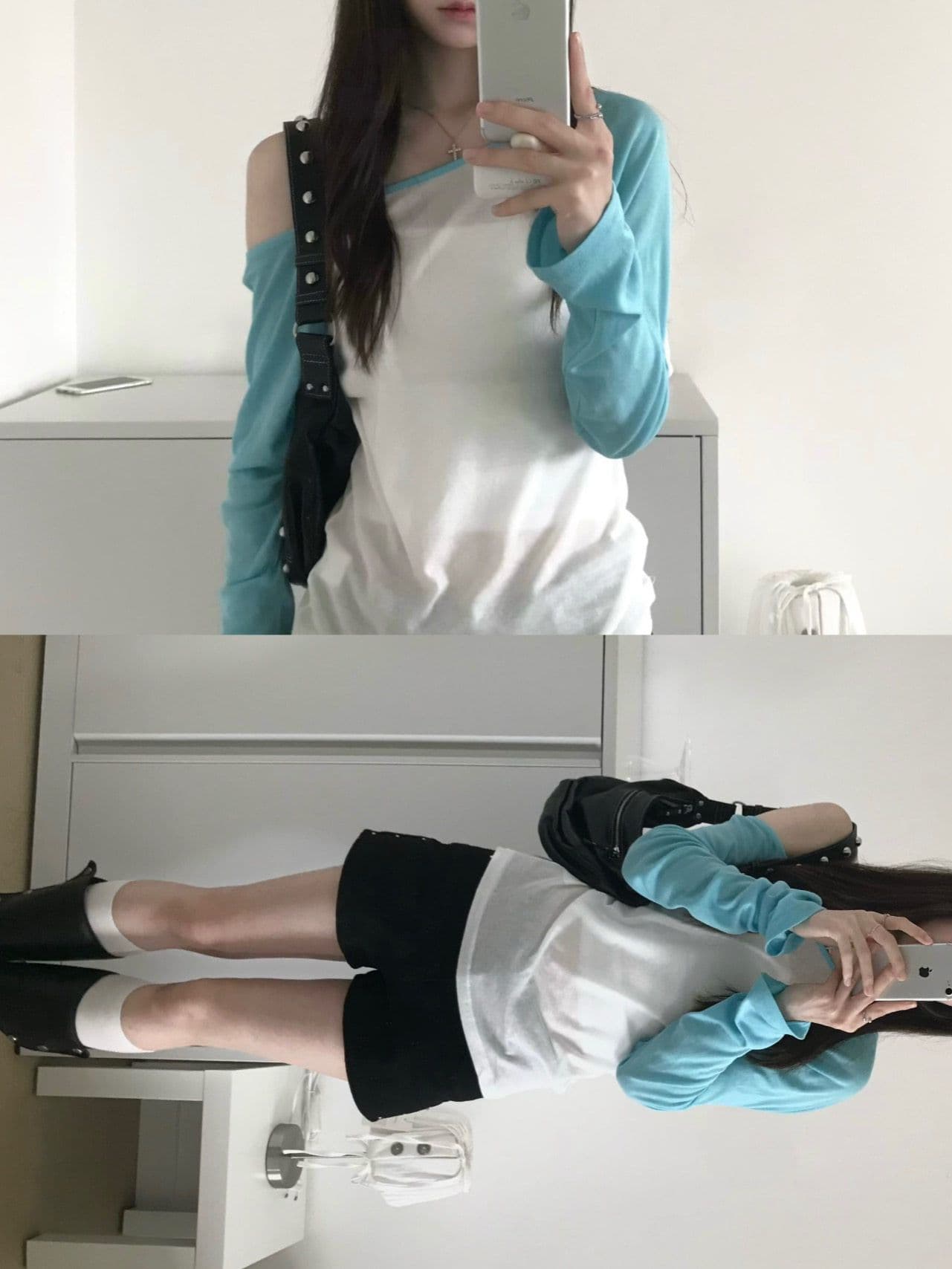 165 그램 실크 미끄러짐 눈꽃 면 65 면 35 폴리 에스터 패치워크 배색 티셔츠 여성 가을 얇은 스타일 마이크로 ~을 통해 긴팔 비스듬한 어깨 의류 상세 이미지 3