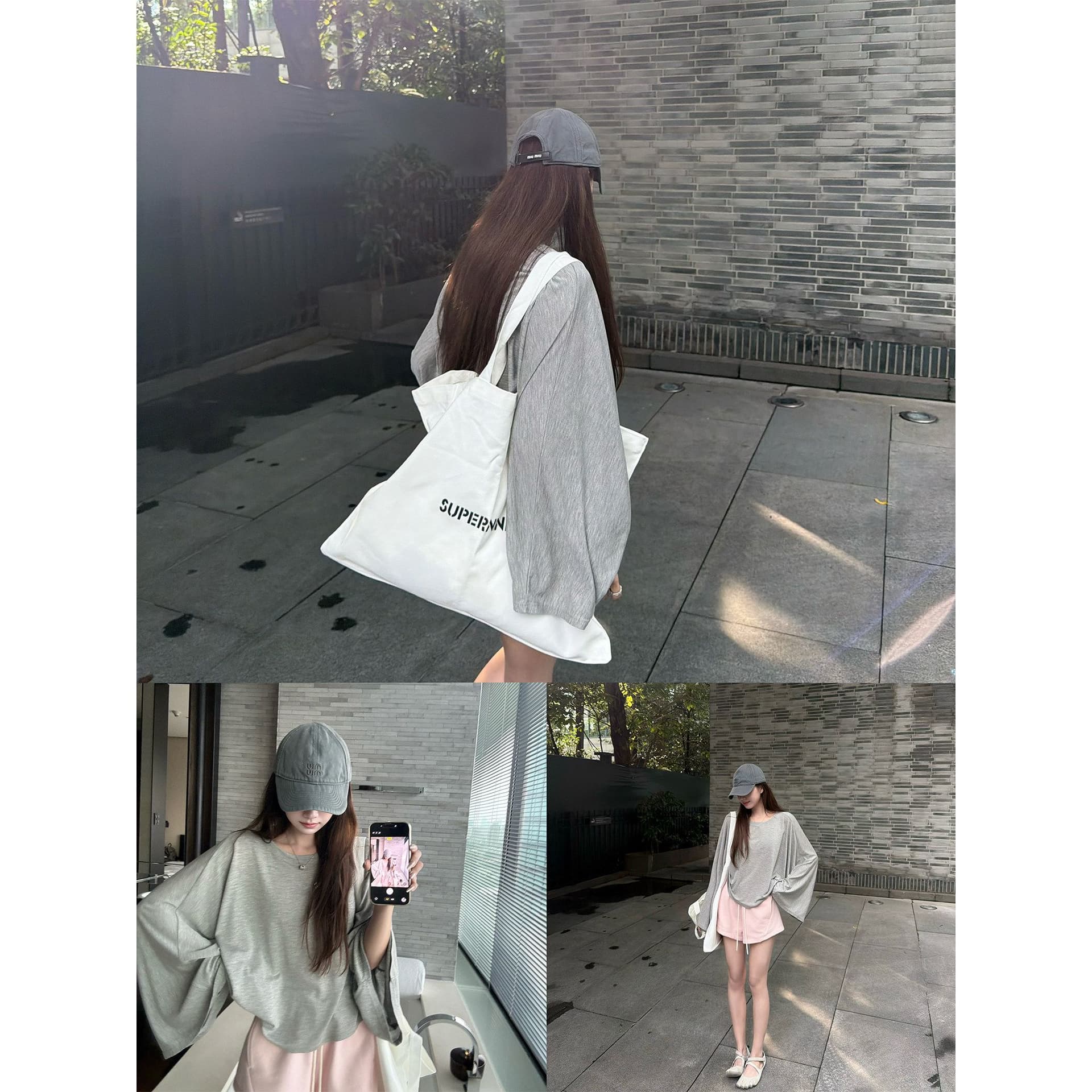 200그램 주간 실크 더블 실 100 라이 경기 서울 박쥐 비료 소매 느슨함 느긋한 루즈핏 그레이트 긴팔 티셔츠 여성 이미지 4