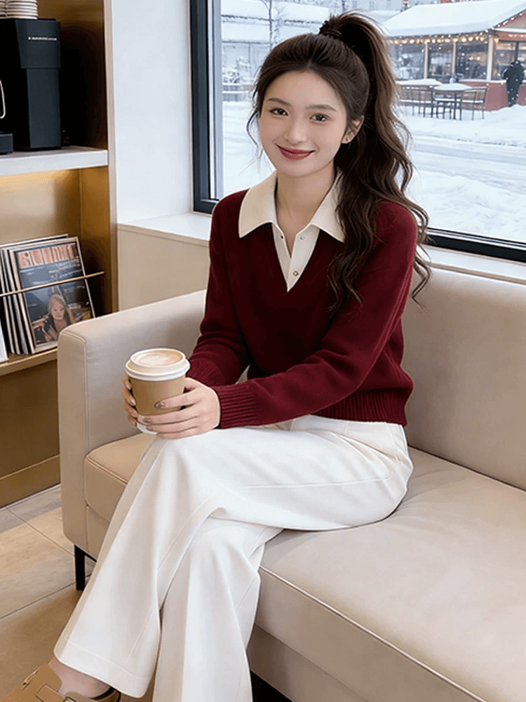 한 부서 배색 페이크 레이어드 폴로 칼라 스웨터 여자 2026 년 봄 새로운 고유 한 아름다운 만나는 인사이드 가져 가라. 니트 스웨터 상세 이미지 6