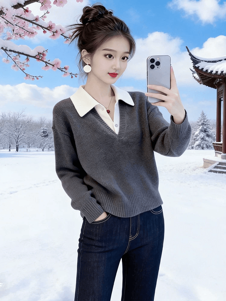 한 부서 배색 페이크 레이어드 폴로 칼라 스웨터 여자 2026 년 봄 새로운 고유 한 아름다운 만나는 인사이드 가져 가라. 니트 스웨터 상세 이미지 7
