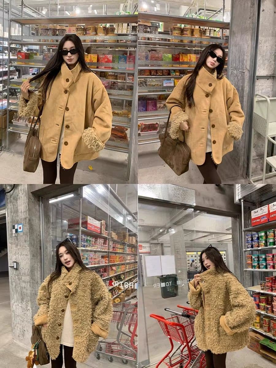원본 품질 둘 착용 피모 하나 양털 오토바이 서비스 가을 겨울 루즈핏 두꺼운 스웨이드 모피 여성 코트 상세 이미지 1