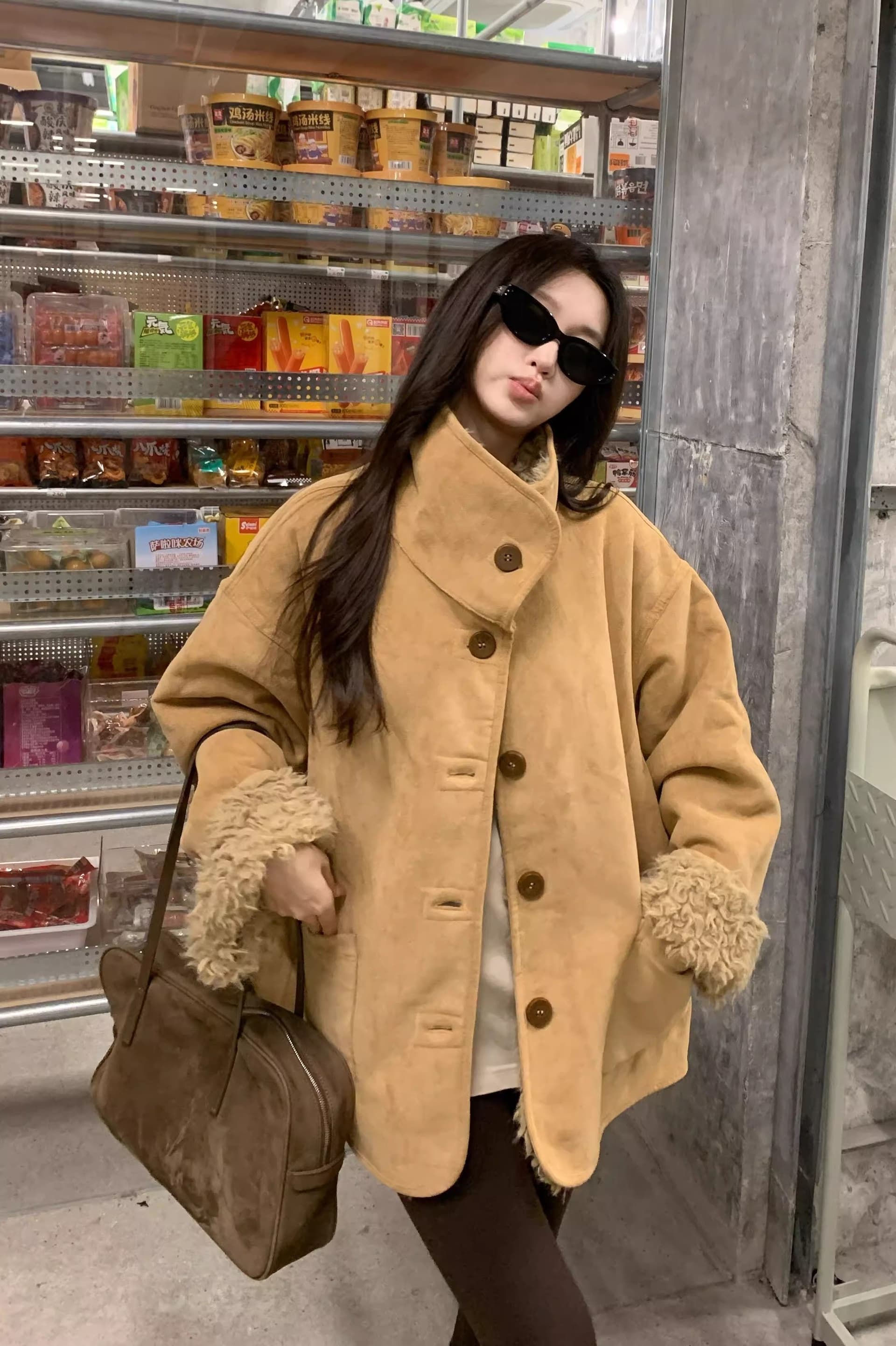 원본 품질 둘 착용 피모 하나 양털 오토바이 서비스 가을 겨울 루즈핏 두꺼운 스웨이드 모피 여성 코트 상세 이미지 7