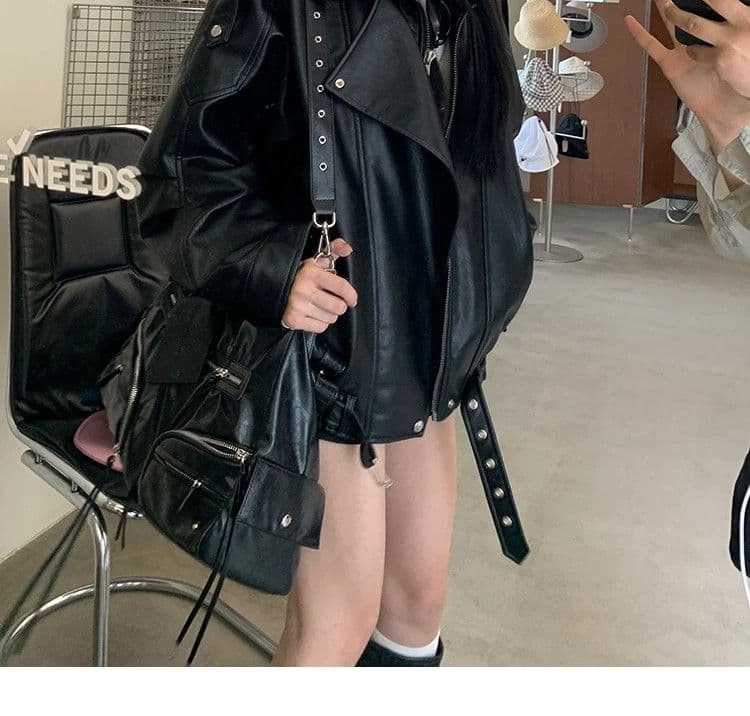 있음 네리 가죽 재킷 여성 코트 2026 가을 겨울 새로운 검정색 차가운 바람의 소리 바람 루즈핏 pu 오토바이 아메리칸 재킷 상세 이미지 16
