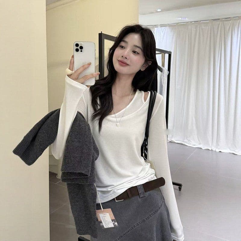 220 그램 양모 40 접착제 27 면 27 아크릴 6 암모니아 Lun 페이크 레이어드 긴팔 티셔츠 여성 봄 가을 만나는 맨위 이미지 2