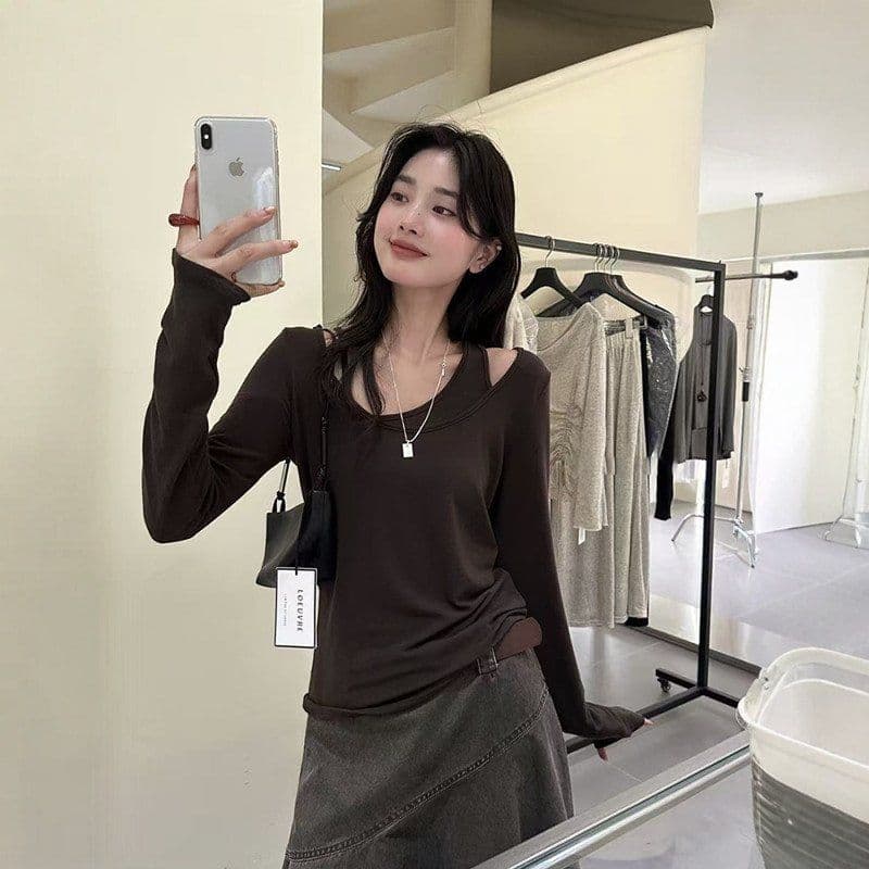 220 그램 양모 40 접착제 27 면 27 아크릴 6 암모니아 Lun 페이크 레이어드 긴팔 티셔츠 여성 봄 가을 만나는 맨위