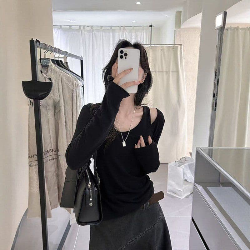 220 그램 양모 40 접착제 27 면 27 아크릴 6 암모니아 Lun 페이크 레이어드 긴팔 티셔츠 여성 봄 가을 만나는 맨위 이미지 3