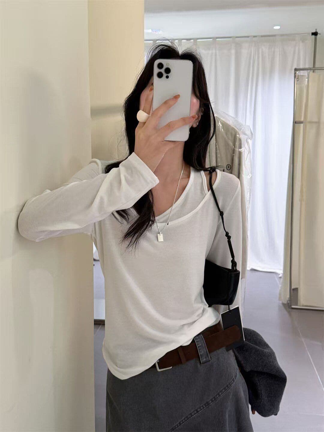220 그램 양모 40 접착제 27 면 27 아크릴 6 암모니아 Lun 페이크 레이어드 긴팔 티셔츠 여성 봄 가을 만나는 맨위 상세 이미지 3