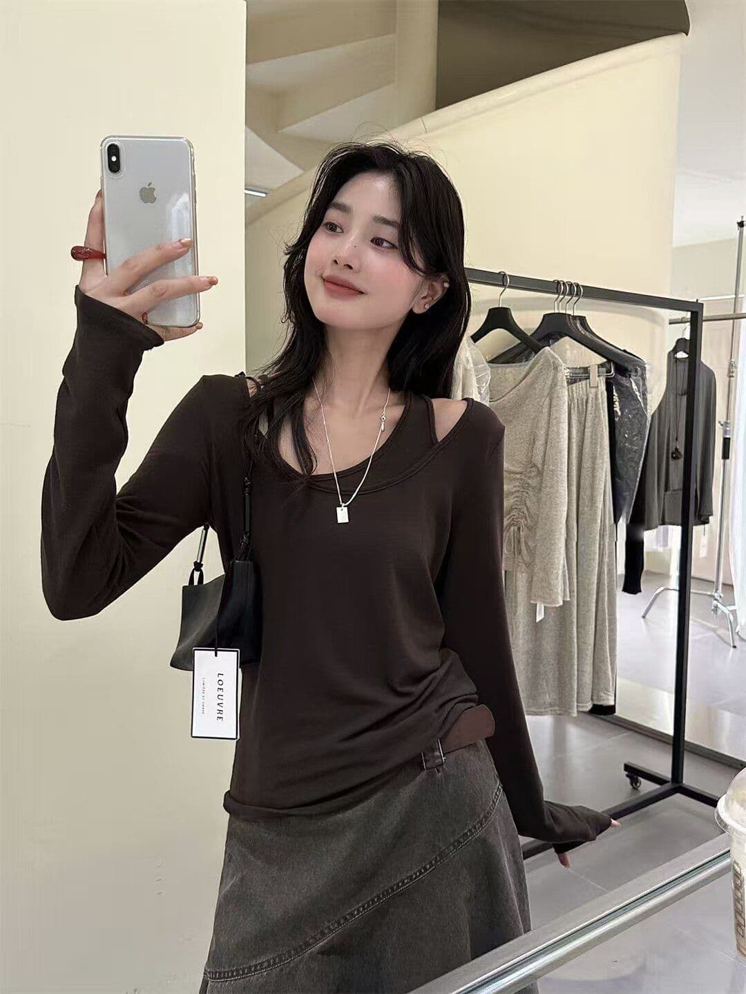 220 그램 양모 40 접착제 27 면 27 아크릴 6 암모니아 Lun 페이크 레이어드 긴팔 티셔츠 여성 봄 가을 만나는 맨위 상세 이미지 6