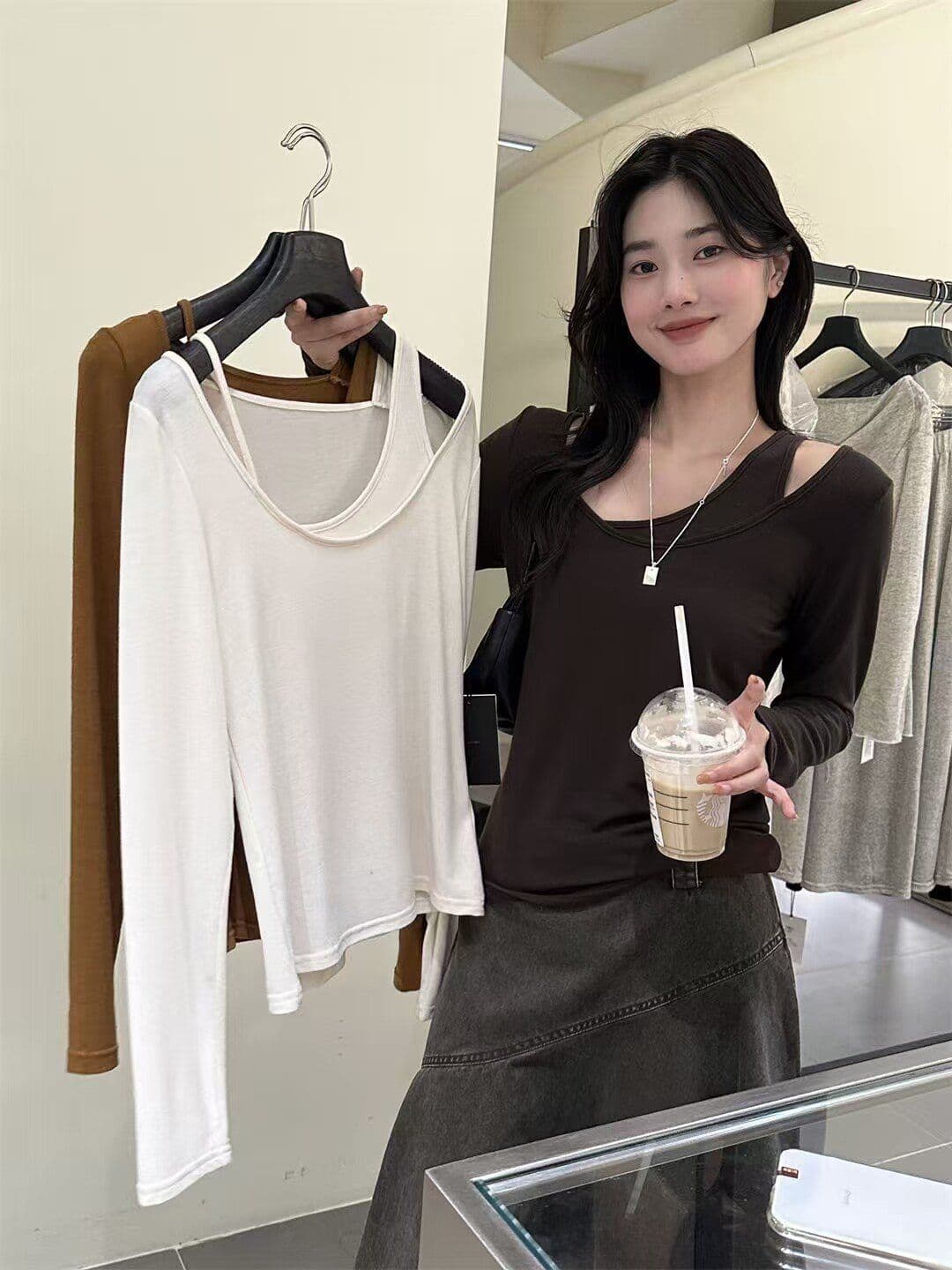 220 그램 양모 40 접착제 27 면 27 아크릴 6 암모니아 Lun 페이크 레이어드 긴팔 티셔츠 여성 봄 가을 만나는 맨위 상세 이미지 7