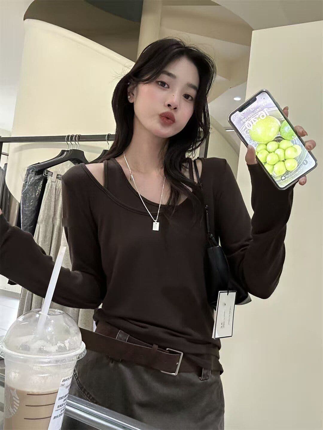 220 그램 양모 40 접착제 27 면 27 아크릴 6 암모니아 Lun 페이크 레이어드 긴팔 티셔츠 여성 봄 가을 만나는 맨위 상세 이미지 8
