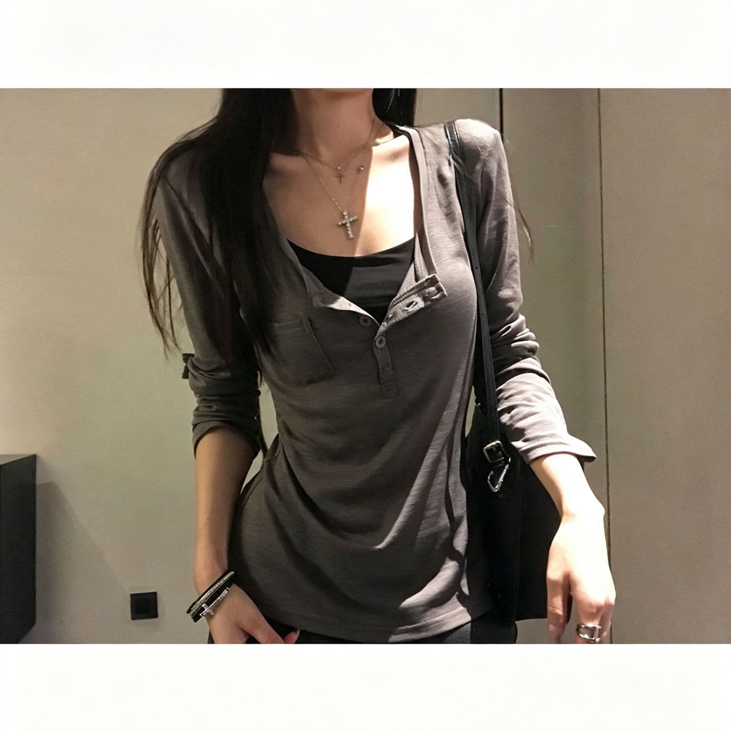 260 그램 사람들 면 대나무 마디 93 접착제 7 암모니아 Lun 헨리 칼라 긴팔 티셔츠 여성 가을 몸매 가꾸기 기본 셔츠 맨위