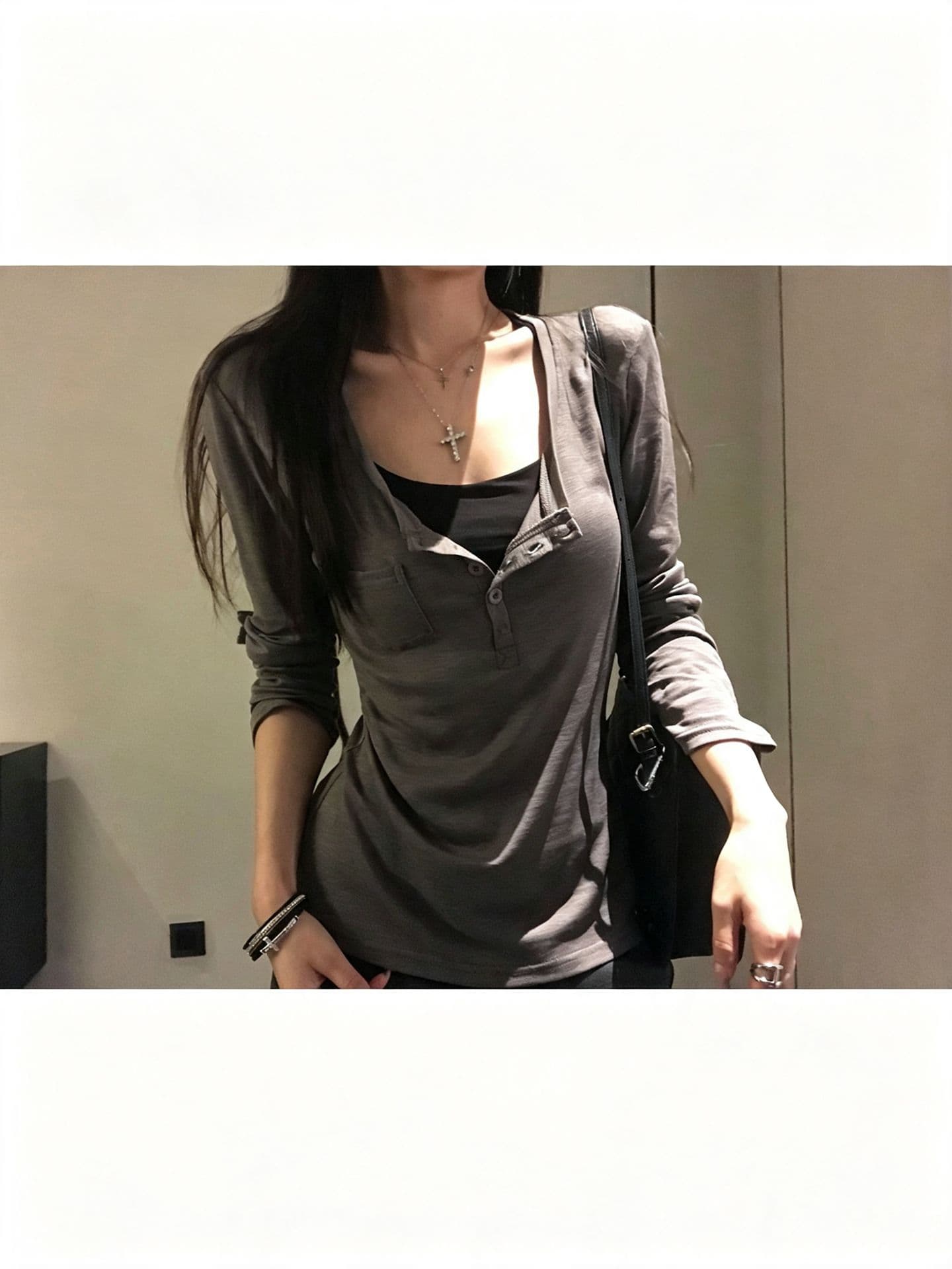 260 그램 사람들 면 대나무 마디 93 접착제 7 암모니아 Lun 헨리 칼라 긴팔 티셔츠 여성 가을 몸매 가꾸기 기본 셔츠 맨위 상세 이미지 3
