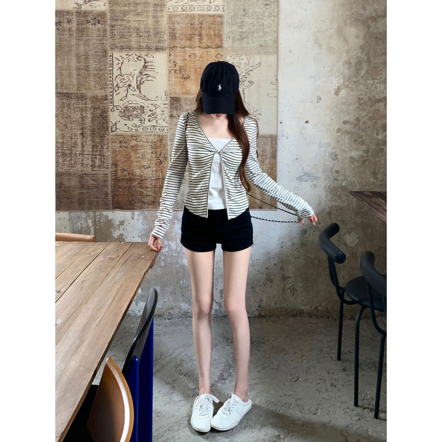 200그램 주간 실크 리브 95 라이 경기 서울 5 암모니아 Lun 스트라이프 페이크 레이어드 긴팔 티셔츠 여성 가을 몸매 가꾸기 맨위 이미지 3