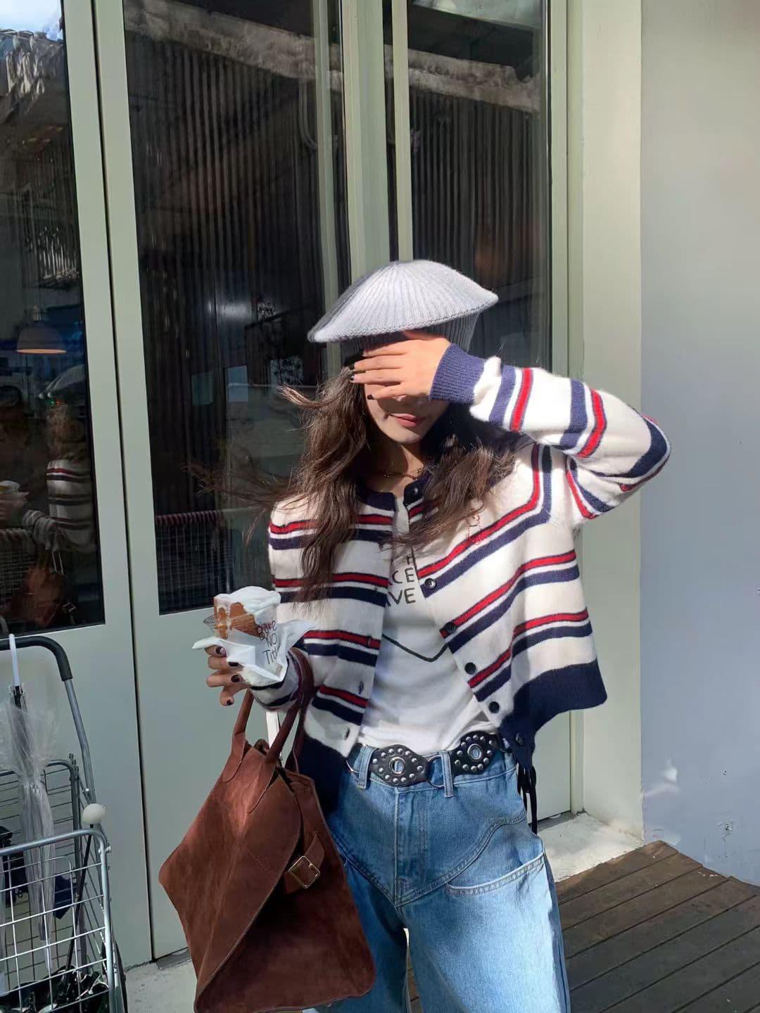 치아 세트 대 왕 귀여운 수리 개 봄 기본 셔츠 긴팔 스트라이프 니트 스웨터 라운드 넥 miu 부서 오픈 가디건 여성 상세 이미지 5