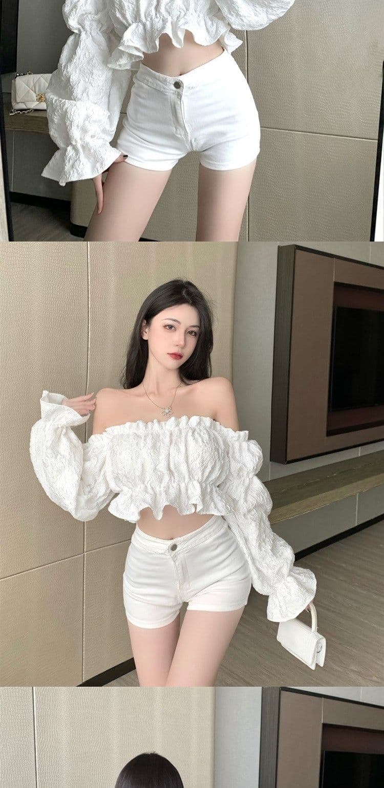순수한 욕망 소녀 오프숄더 프릴 긴팔 여성 셔츠 디자인 센스 작은 대중 봄 가을 쇼트 스타일 Chic 맨위 상세 이미지 3