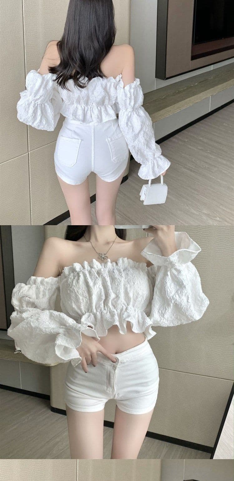 순수한 욕망 소녀 오프숄더 프릴 긴팔 여성 셔츠 디자인 센스 작은 대중 봄 가을 쇼트 스타일 Chic 맨위 상세 이미지 4