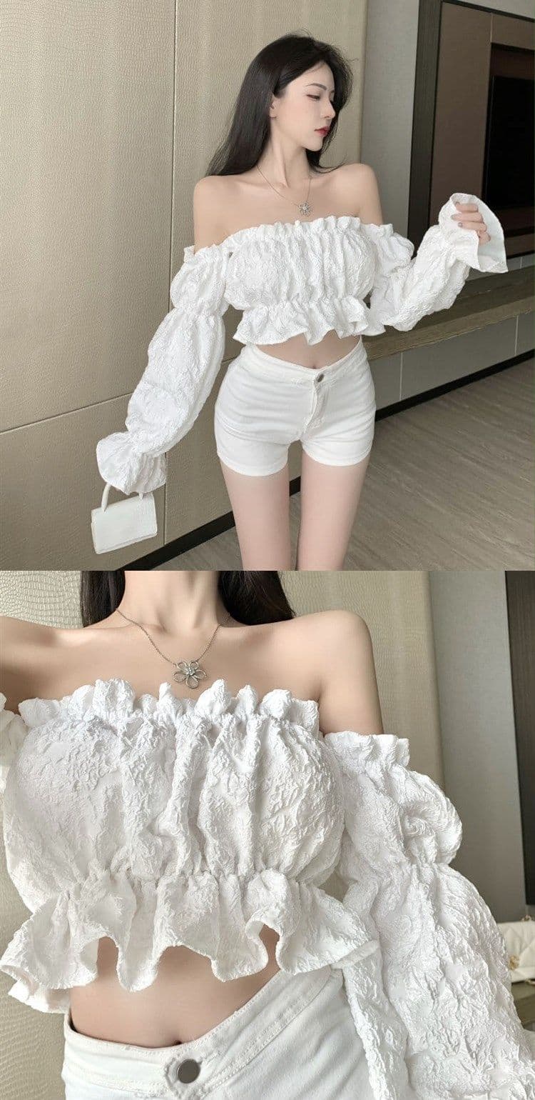 순수한 욕망 소녀 오프숄더 프릴 긴팔 여성 셔츠 디자인 센스 작은 대중 봄 가을 쇼트 스타일 Chic 맨위 상세 이미지 5