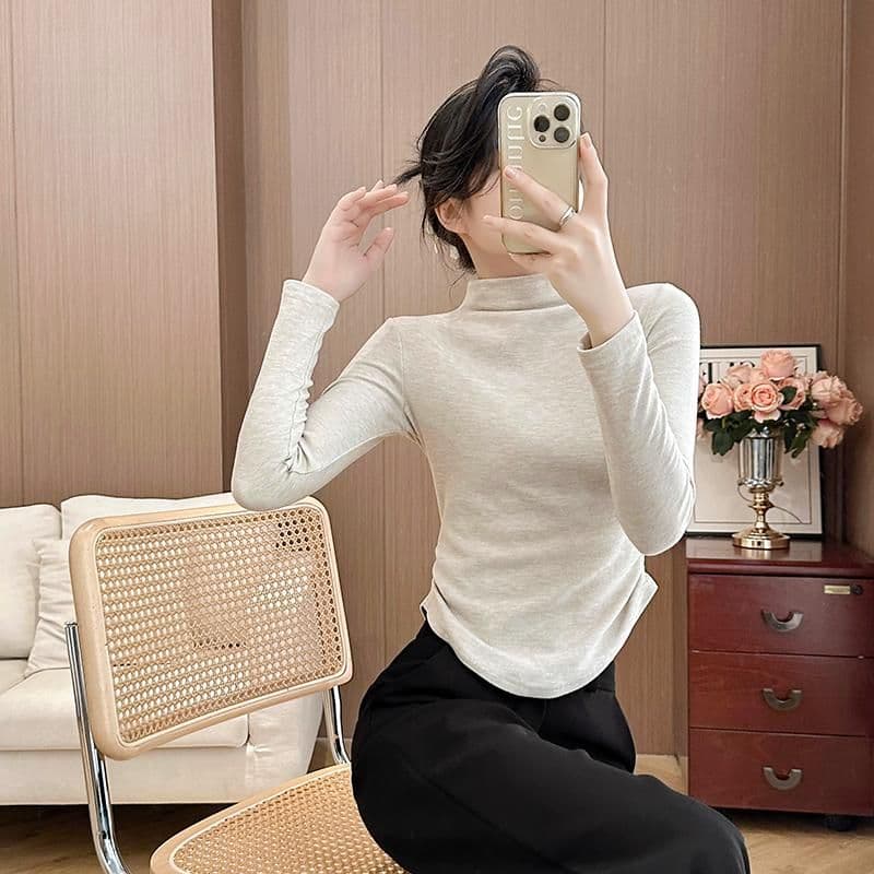 280 그램 양 플러시 털이 있고 두꺼운 몸매 가꾸기 반하이넥 긴팔 티셔츠 여성 가을 겨울 인사이드 가져 가라. 기본 셔츠 다용도 맨위 상세 이미지 17