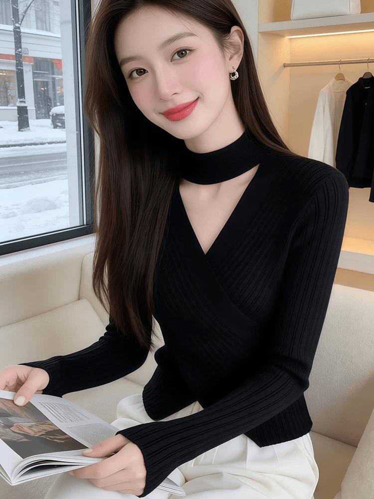 한 부서 V넥 십자가 행침 목 홀로우 아웃 니트 기본 셔츠 2026 봄 새로운 품격 불규칙 인사이드 잡아라. 의류 이미지 4
