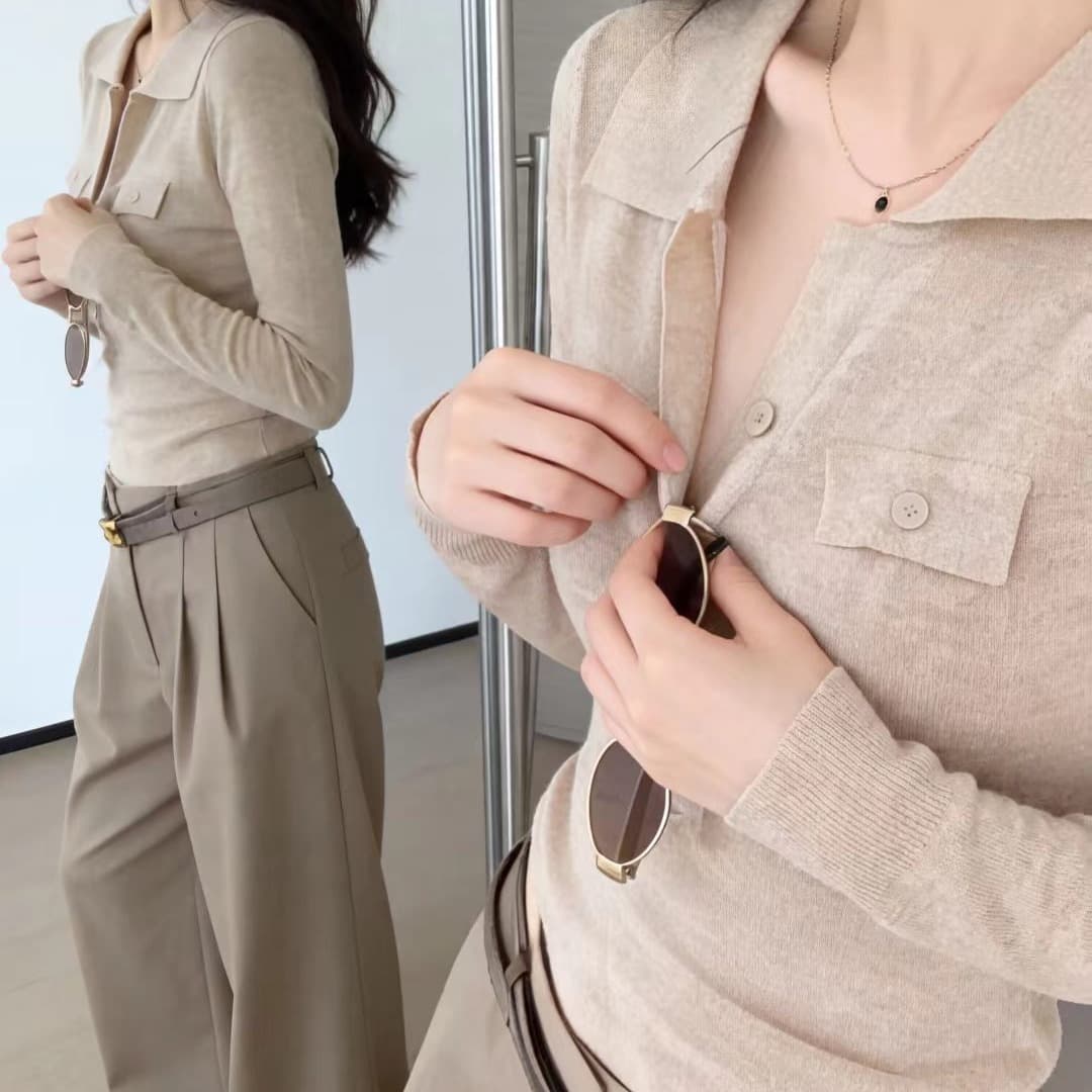 한 부서 오트밀 색상 V넥 니트 스웨터 여성 봄 가을 착용 가져 가라. 오래된 돈 바람 스웨터 POLO 셔츠 인사이드 가져 가라. 만나는 맨위