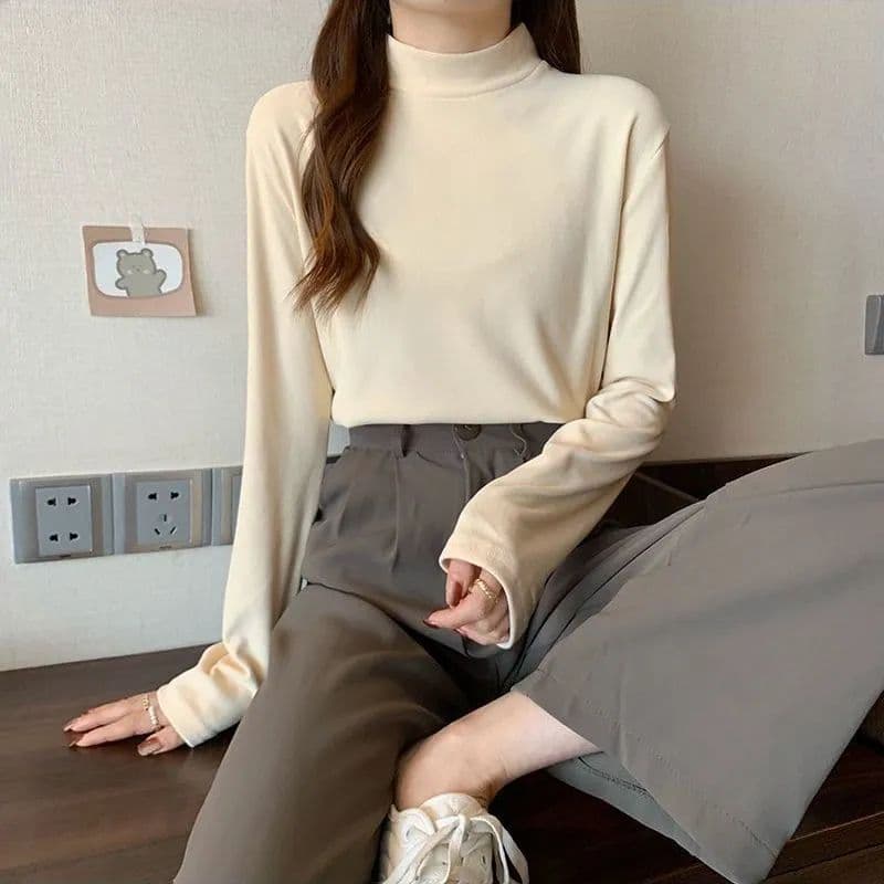 De 플러시 반하이넥 기본 셔츠 가을 겨울 새로운 단색 인사이드 가져 가라. 보온 자기 발열 긴팔 티셔츠 여성 몸매 가꾸기 맨위 이미지 5