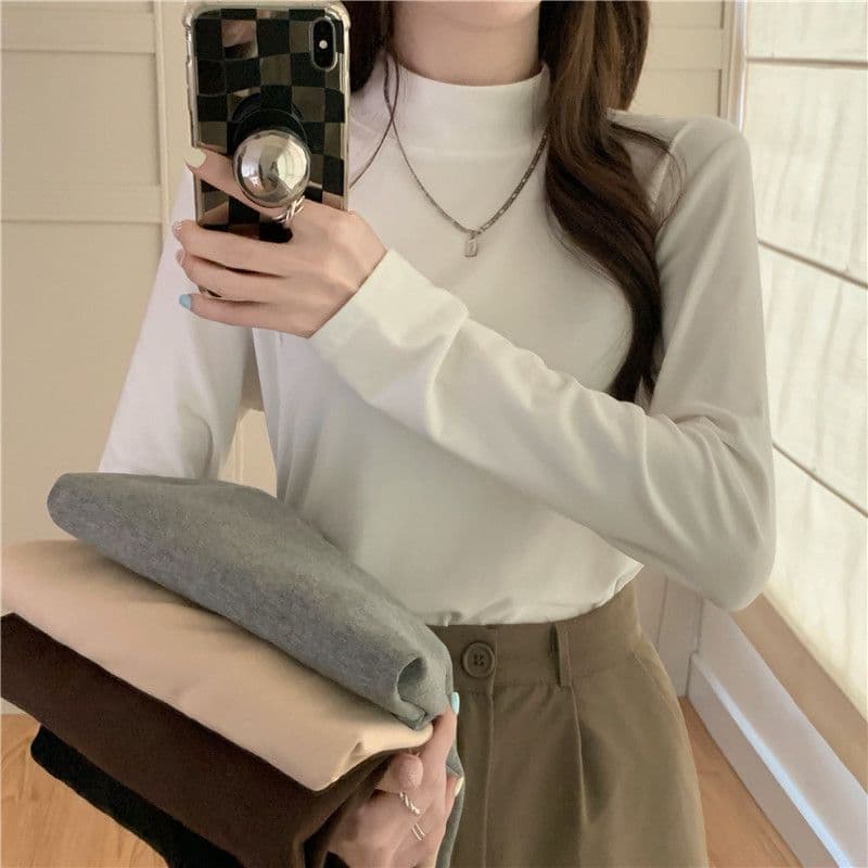 De 플러시 반하이넥 기본 셔츠 가을 겨울 새로운 단색 인사이드 가져 가라. 보온 자기 발열 긴팔 티셔츠 여성 몸매 가꾸기 맨위 상세 이미지 4