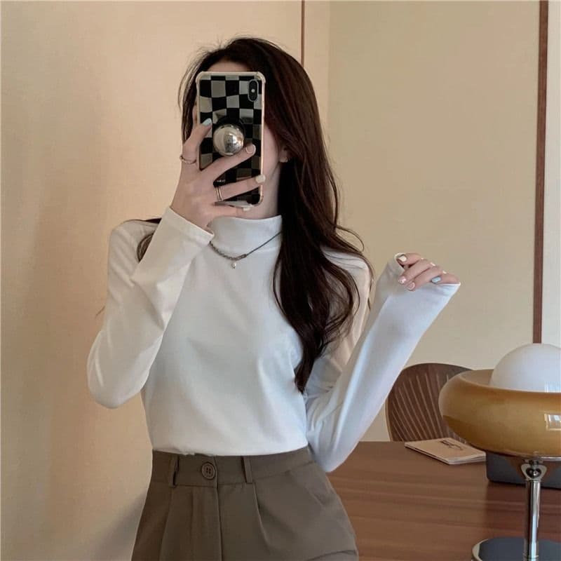 De 플러시 반하이넥 기본 셔츠 가을 겨울 새로운 단색 인사이드 가져 가라. 보온 자기 발열 긴팔 티셔츠 여성 몸매 가꾸기 맨위 상세 이미지 5