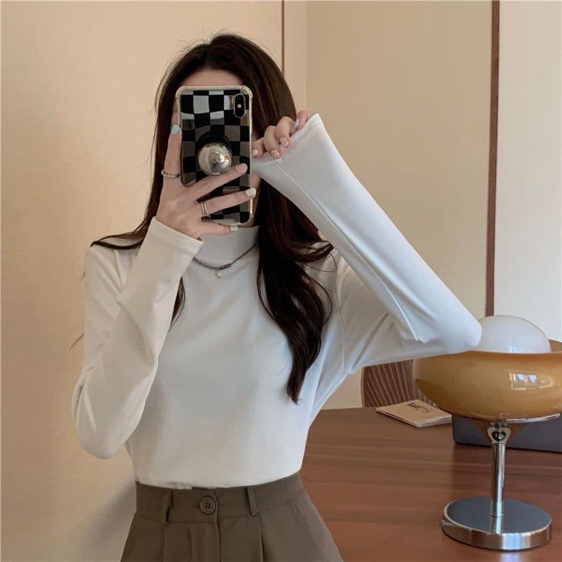 De 플러시 반하이넥 기본 셔츠 가을 겨울 새로운 단색 인사이드 가져 가라. 보온 자기 발열 긴팔 티셔츠 여성 몸매 가꾸기 맨위 상세 이미지 6