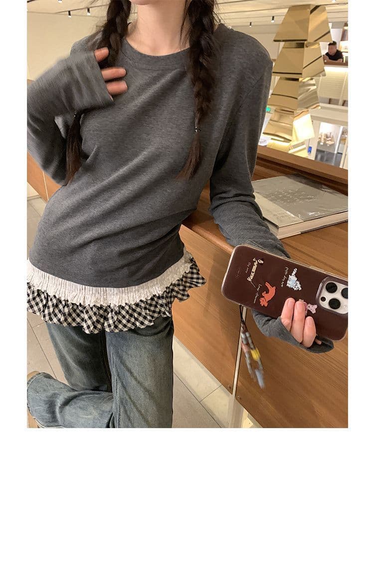 배색 체크무늬 낭만주의 레이스 프릴 디자인 센스 긴팔 여성 외국 가스 패션 기본 셔츠 리브 De 플러시 맨위 상세 이미지 7
