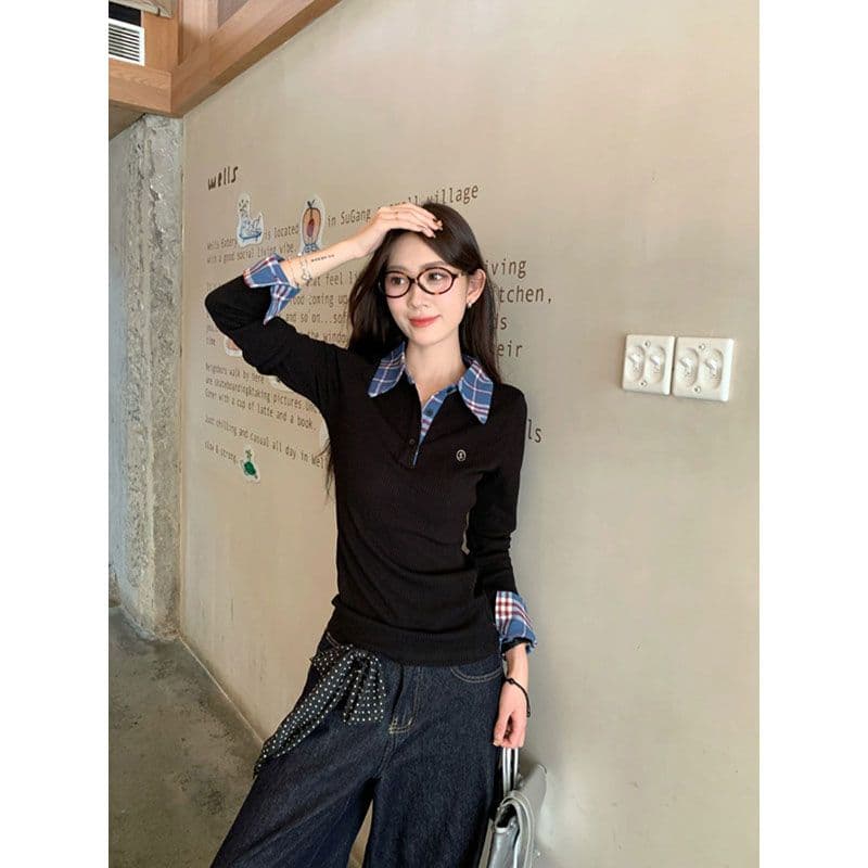 원본 원단 작은 대중 페이크 레이어드 배색 POLO 칼라 긴팔 티셔츠 여성 이른 가을 몸매 가꾸기 슬림해 보이는 맨위