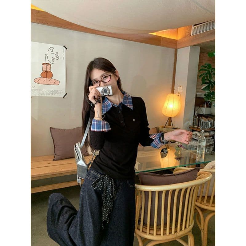 원본 원단 작은 대중 페이크 레이어드 배색 POLO 칼라 긴팔 티셔츠 여성 이른 가을 몸매 가꾸기 슬림해 보이는 맨위 이미지 4