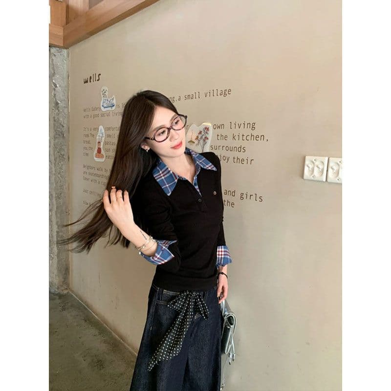 원본 원단 작은 대중 페이크 레이어드 배색 POLO 칼라 긴팔 티셔츠 여성 이른 가을 몸매 가꾸기 슬림해 보이는 맨위 이미지 3