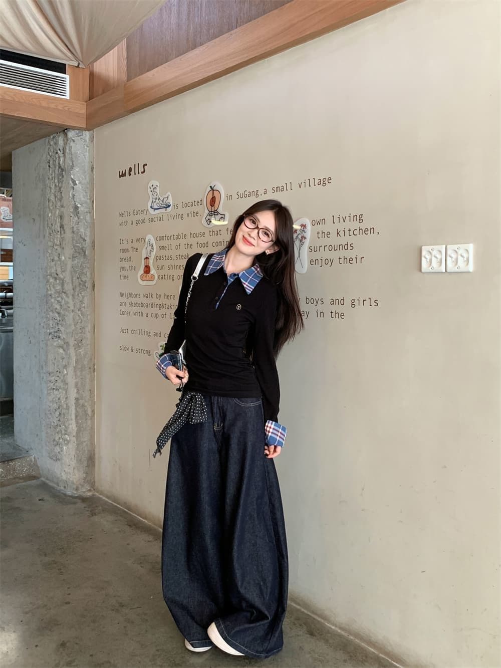 원본 원단 작은 대중 페이크 레이어드 배색 POLO 칼라 긴팔 티셔츠 여성 이른 가을 몸매 가꾸기 슬림해 보이는 맨위 상세 이미지 5