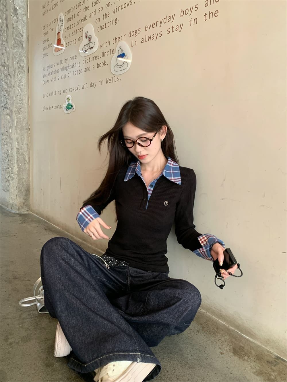 원본 원단 작은 대중 페이크 레이어드 배색 POLO 칼라 긴팔 티셔츠 여성 이른 가을 몸매 가꾸기 슬림해 보이는 맨위 상세 이미지 7