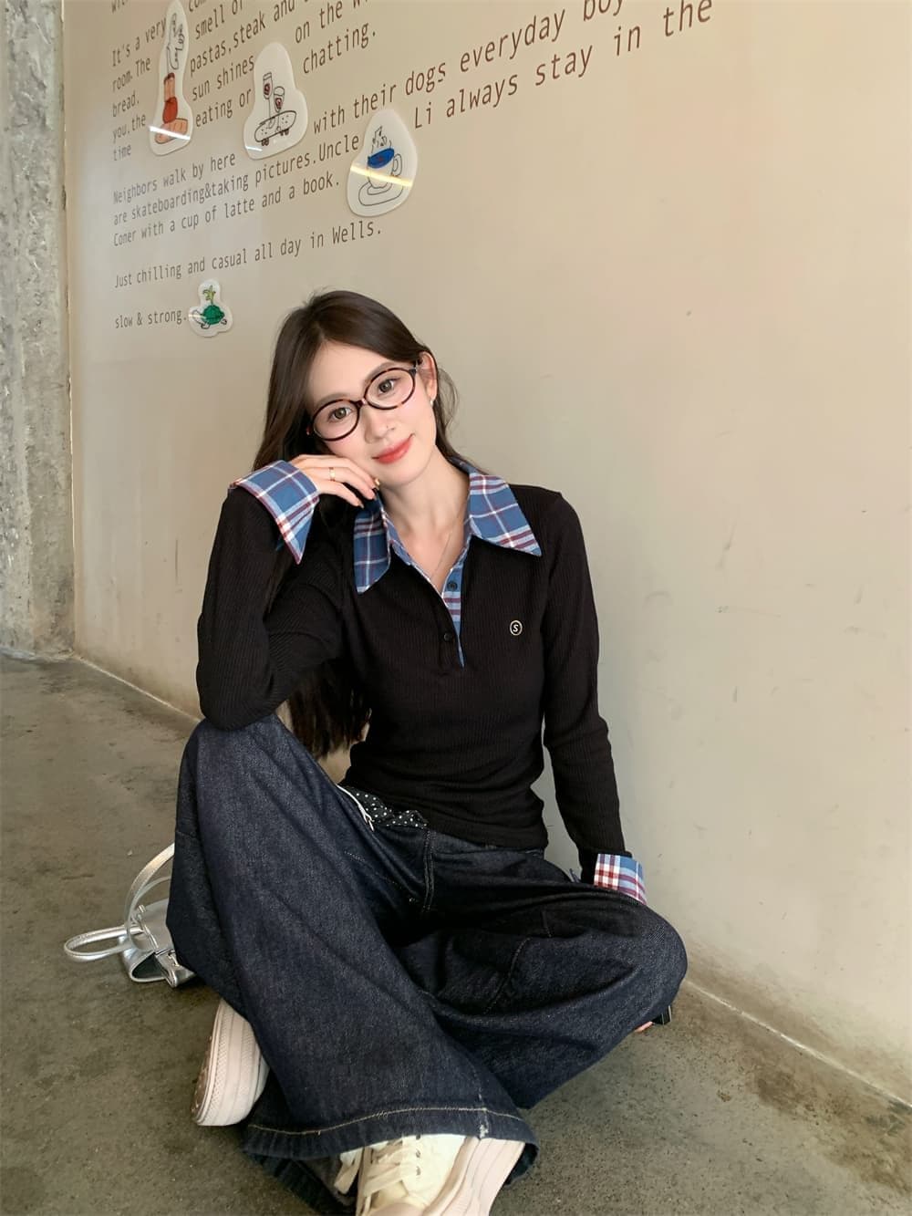 원본 원단 작은 대중 페이크 레이어드 배색 POLO 칼라 긴팔 티셔츠 여성 이른 가을 몸매 가꾸기 슬림해 보이는 맨위 상세 이미지 8