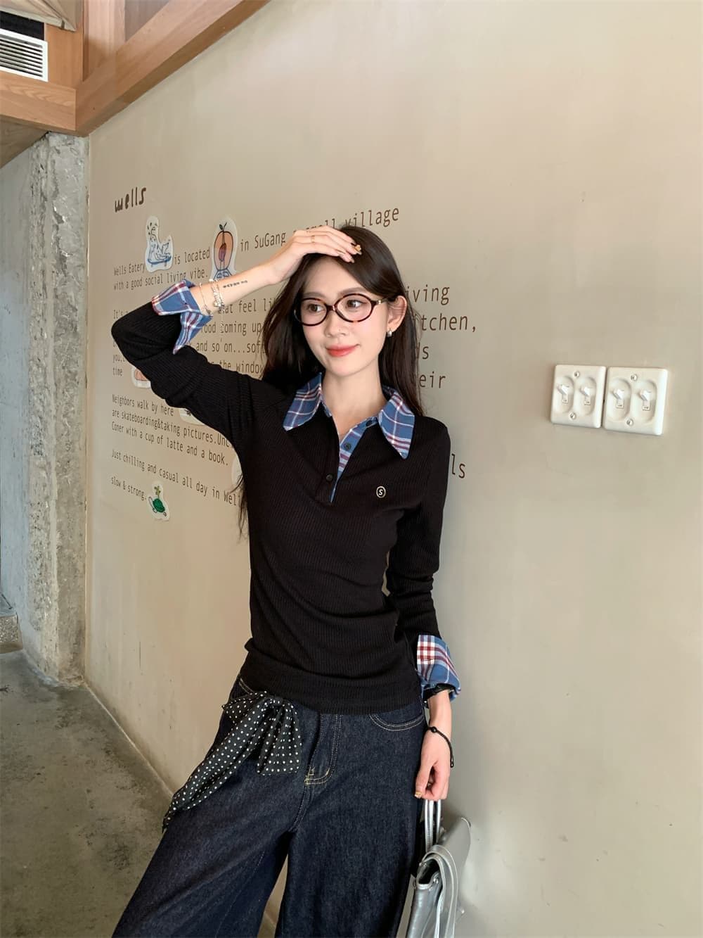 원본 원단 작은 대중 페이크 레이어드 배색 POLO 칼라 긴팔 티셔츠 여성 이른 가을 몸매 가꾸기 슬림해 보이는 맨위 상세 이미지 9
