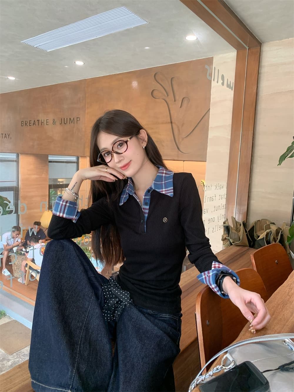 원본 원단 작은 대중 페이크 레이어드 배색 POLO 칼라 긴팔 티셔츠 여성 이른 가을 몸매 가꾸기 슬림해 보이는 맨위 상세 이미지 11