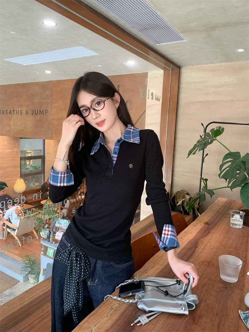 원본 원단 작은 대중 페이크 레이어드 배색 POLO 칼라 긴팔 티셔츠 여성 이른 가을 몸매 가꾸기 슬림해 보이는 맨위 상세 이미지 12